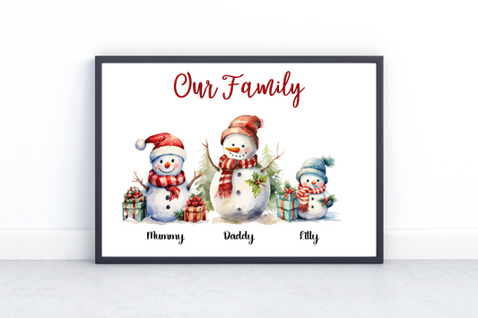 Personalised Snowman Family Print featuring 30 unique snowmen to choose from, with customisable names and title options. Ideal as a thoughtful Christmas gift or festive home decor