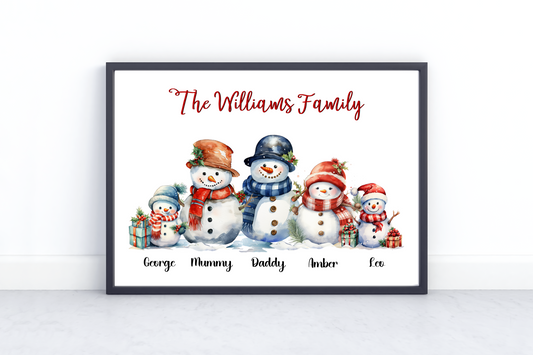 Personalised Snowman Family Print featuring 30 unique snowmen to choose from, with customisable names and title options. Ideal as a thoughtful Christmas gift or festive home decor
