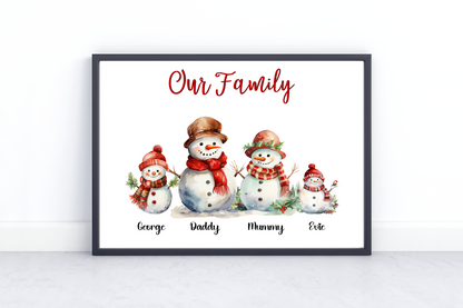 Personalised Snowman Family Print featuring 30 unique snowmen to choose from, with customisable names and title options. Ideal as a thoughtful Christmas gift or festive home decor