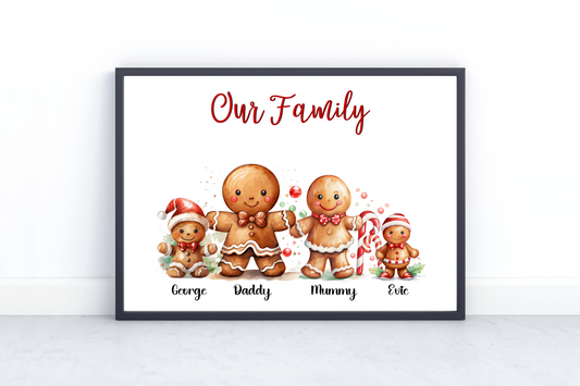 An image of a charming Personalised Gingerbread Family Print, with various gingerbread characters representing family members, and custom names displayed beneath each character. The title reads, 'The Smith Family's Sweetest Moments.' This heartwarming print is a delightful addition to festive home decor, perfect for Christmas.