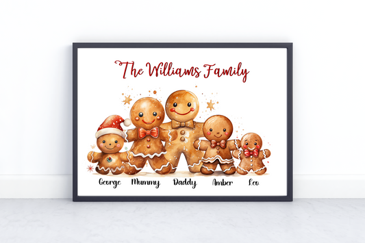 An image of a charming Personalised Gingerbread Family Print, with various gingerbread characters representing family members, and custom names displayed beneath each character. The title reads, 'The Smith Family's Sweetest Moments.' This heartwarming print is a delightful addition to festive home decor, perfect for Christmas.