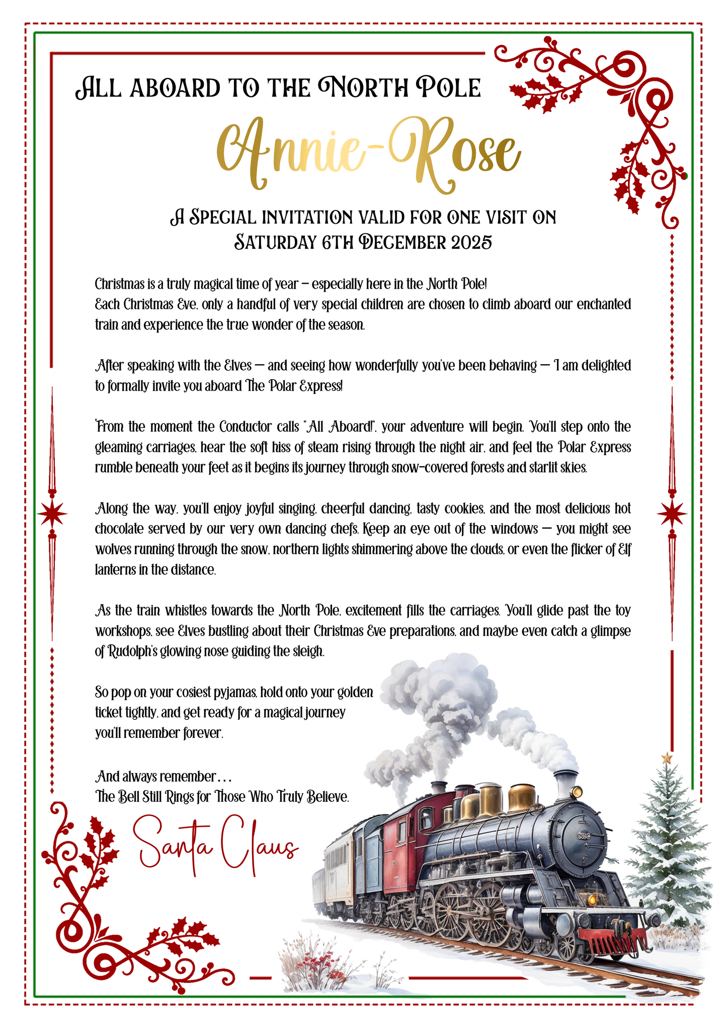 Magical Polar Express Invitation Letter – Custom Name in Gold Foil