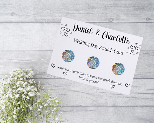  A close-up view of a beautifully designed scratch card with elegant typography and decorative elements. The scratch card features customised names and a wedding date, surrounded by symbols representing hidden prizes. The card is held by a hand, ready to be scratched off, adding an element of anticipation and excitement.