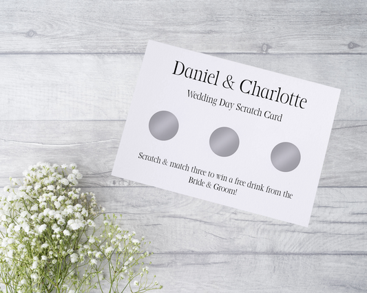  A close-up view of a beautifully designed scratch card with elegant typography and decorative elements. The scratch card features customised names and a wedding date, surrounded by symbols representing hidden prizes.
