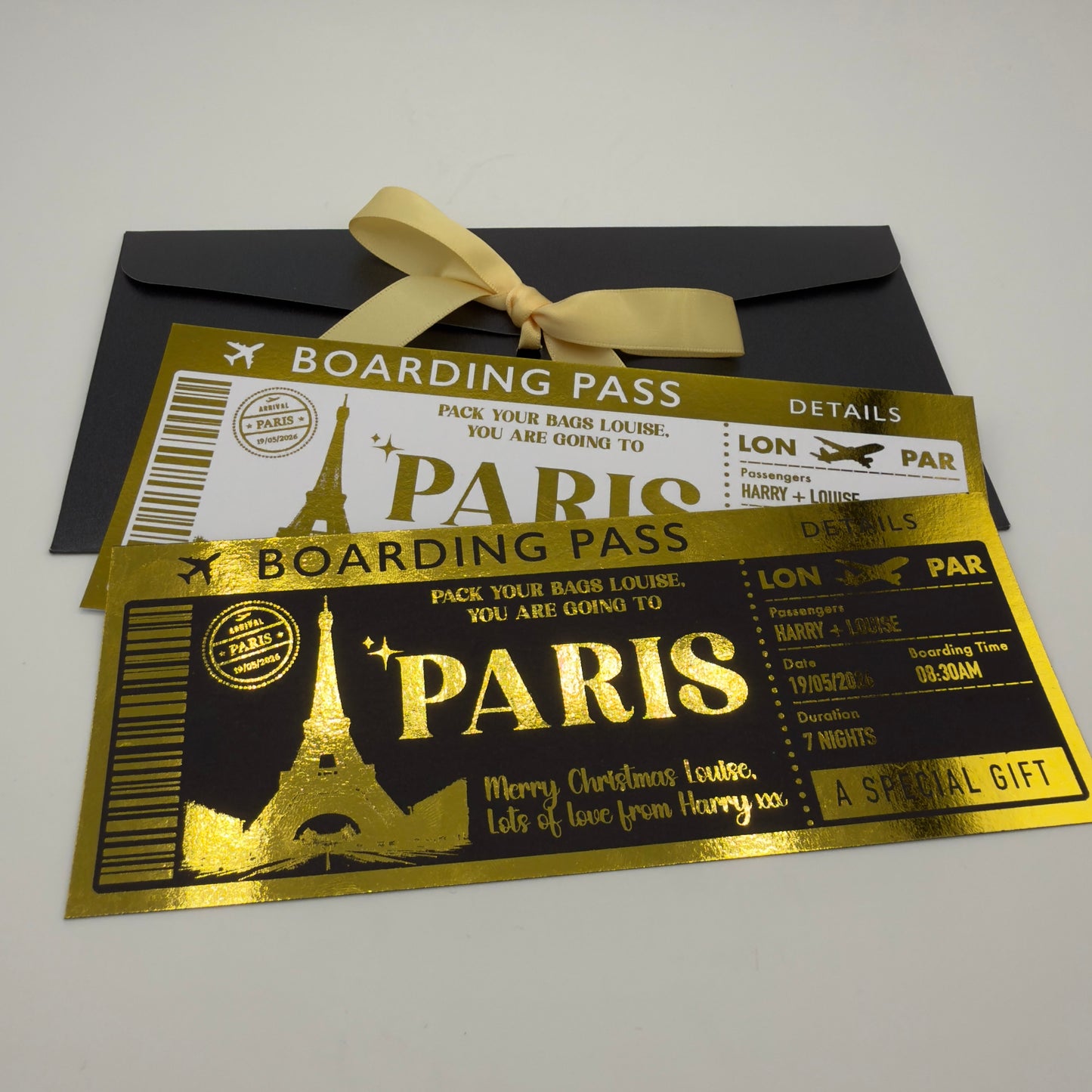 Personalised Foiled Boarding Pass Ticket – Custom Holiday or Surprise Trip Gift Reveal