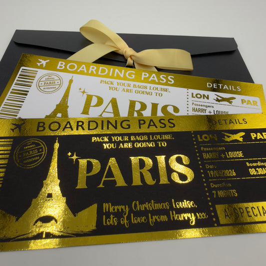 Personalised Foiled Boarding Pass Ticket – Custom Holiday or Surprise Trip Gift Reveal