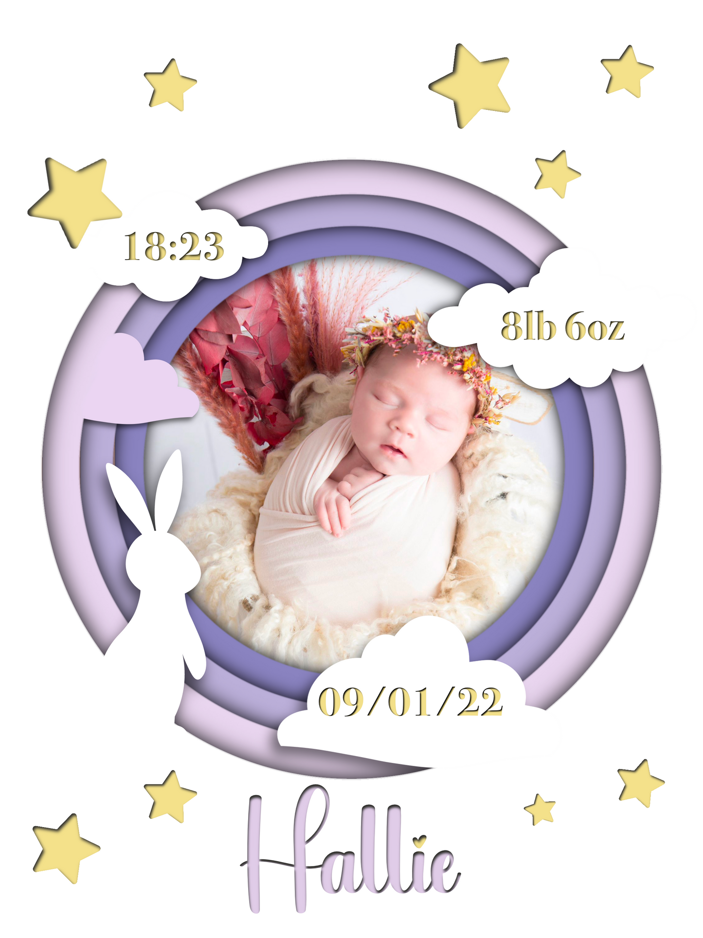  A heartwarming print featuring a custom photo of a newborn baby, surrounded by delicate pastel colors. The baby's name, date of birth, weight, and time of arrival are beautifully displayed beneath the photo. The print is elegantly framed and ready to be cherished as a special keepsake.