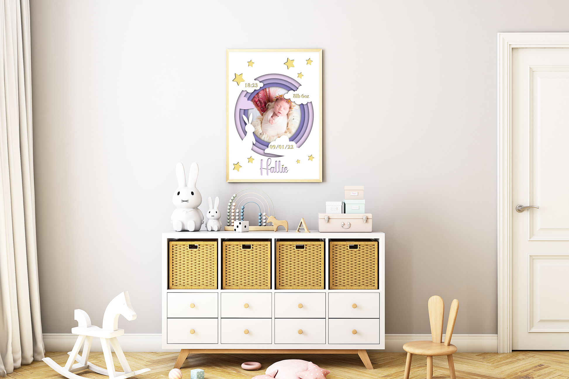  A heartwarming print featuring a custom photo of a newborn baby, surrounded by delicate pastel colors. The baby's name, date of birth, weight, and time of arrival are beautifully displayed beneath the photo. The print is elegantly framed and ready to be cherished as a special keepsake.