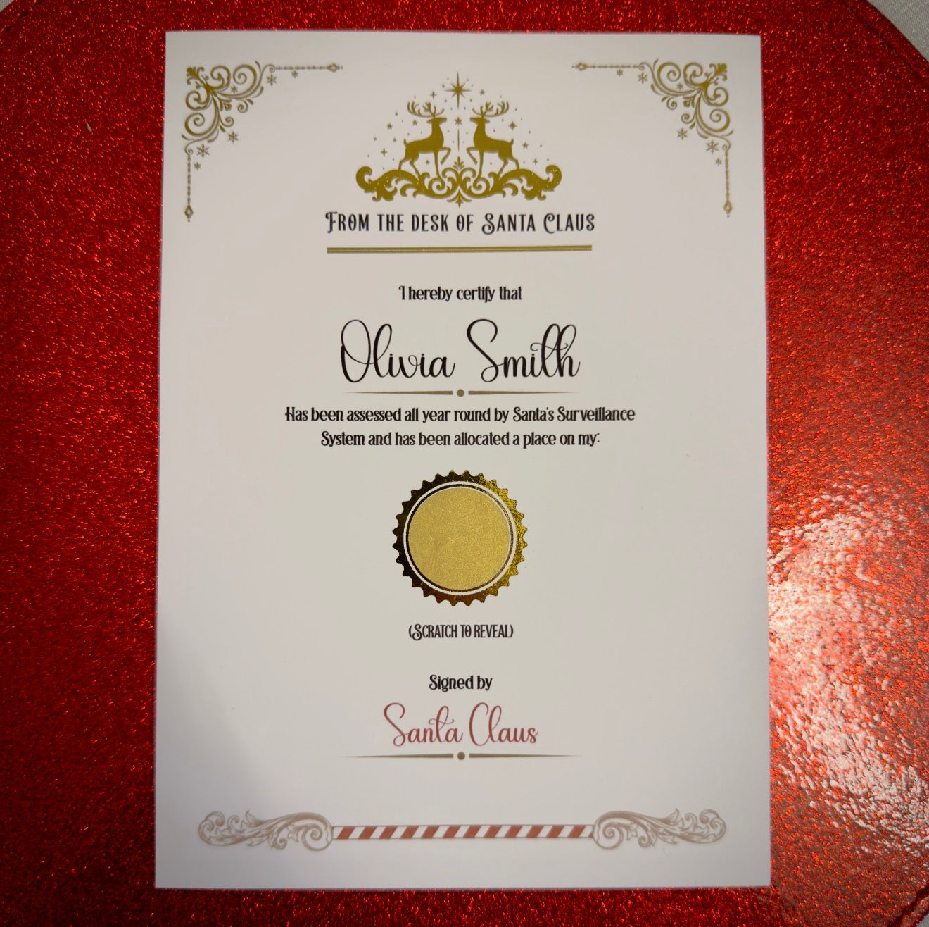 Scratch Certificate from Santa Claus on a red background