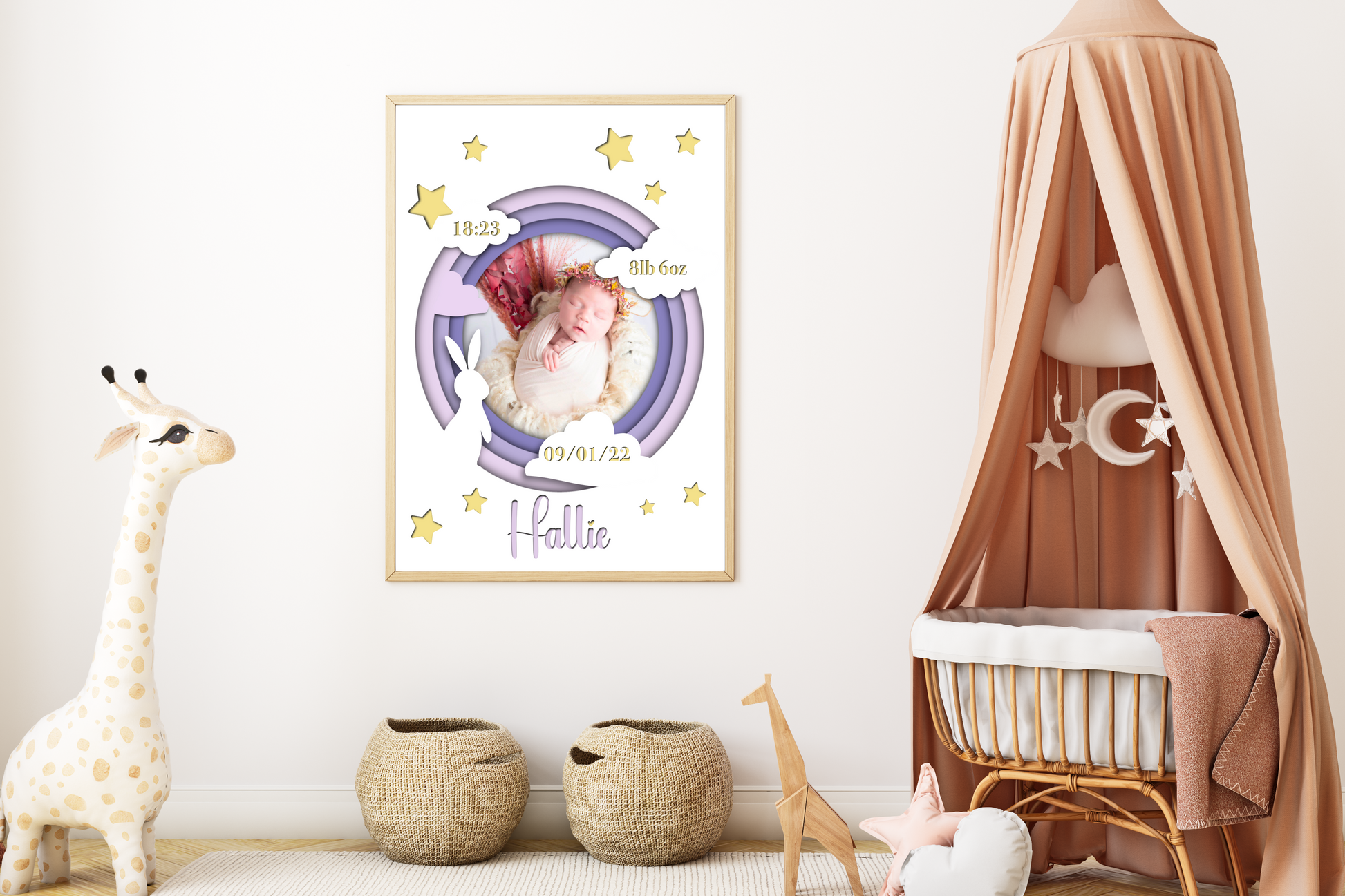  A heartwarming print featuring a custom photo of a newborn baby, surrounded by delicate pastel colors. The baby's name, date of birth, weight, and time of arrival are beautifully displayed beneath the photo. The print is elegantly framed and ready to be cherished as a special keepsake.