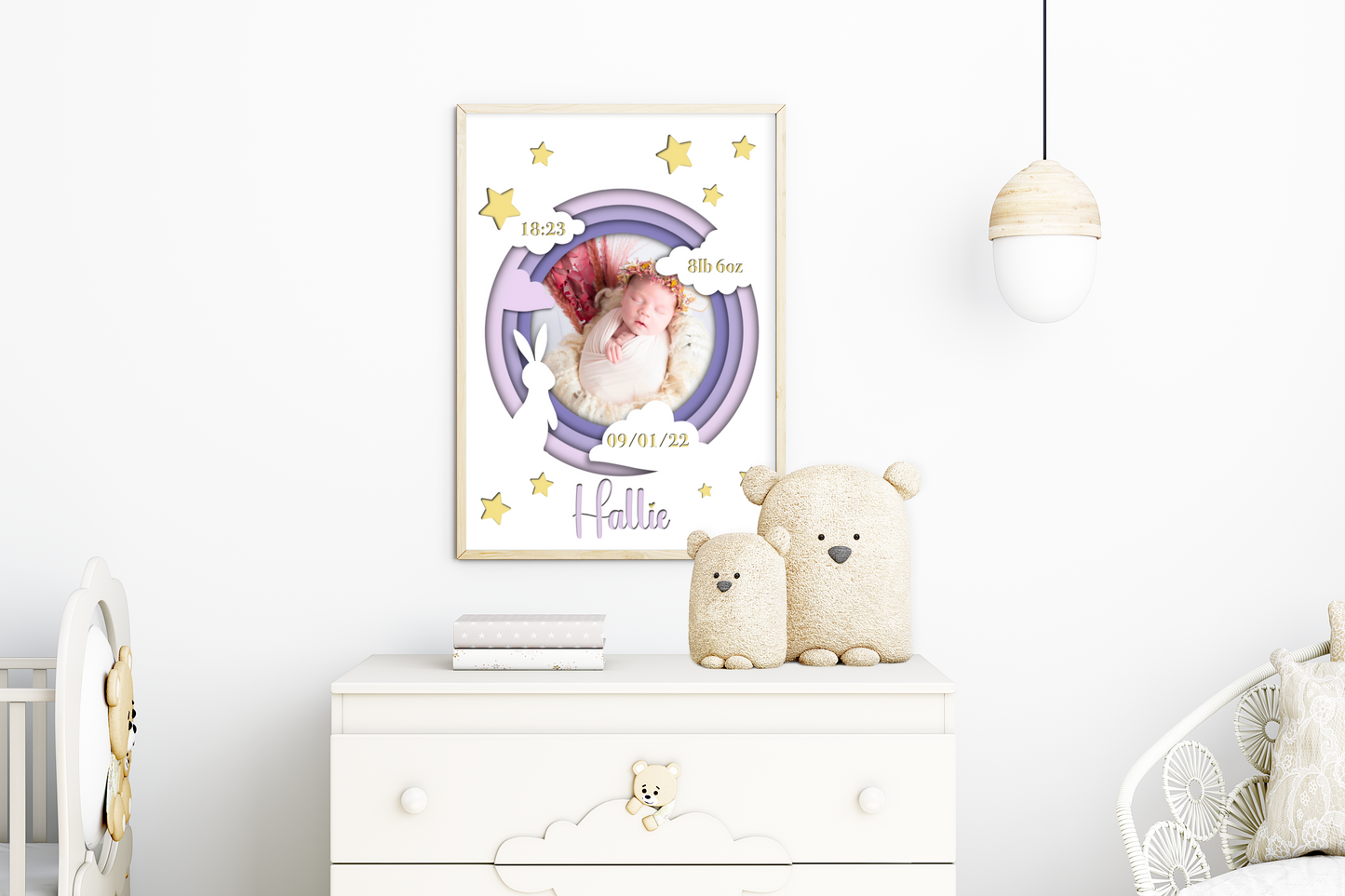  A heartwarming print featuring a custom photo of a newborn baby, surrounded by delicate pastel colors. The baby's name, date of birth, weight, and time of arrival are beautifully displayed beneath the photo. The print is elegantly framed and ready to be cherished as a special keepsake.