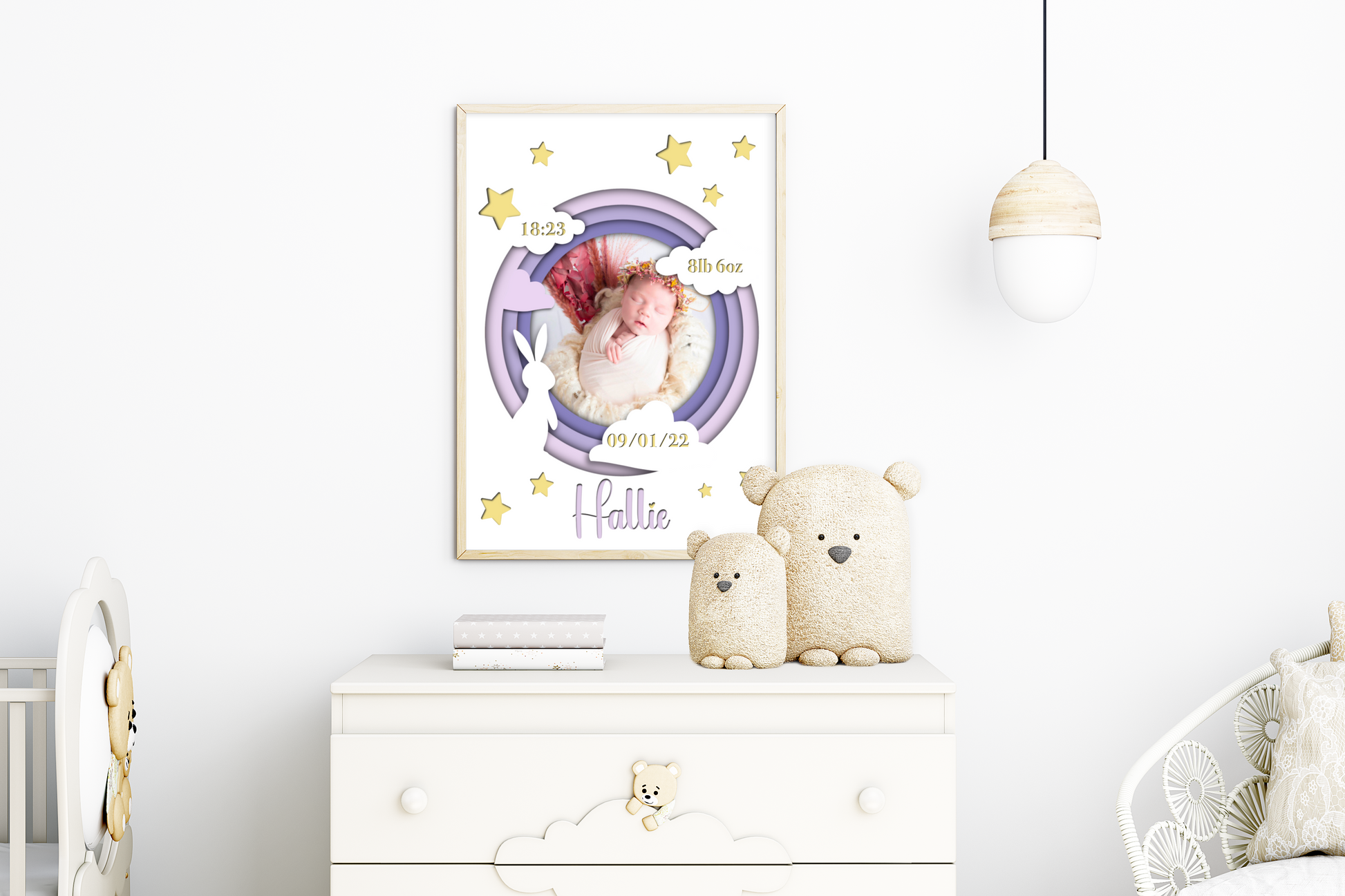  A heartwarming print featuring a custom photo of a newborn baby, surrounded by delicate pastel colors. The baby's name, date of birth, weight, and time of arrival are beautifully displayed beneath the photo. The print is elegantly framed and ready to be cherished as a special keepsake.