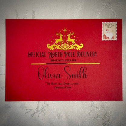 Red letter with gold text and Santa Claus stamp on a textured gray background
