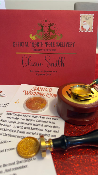 Santa's Wishing Coin with red box and letter on a red glittery background