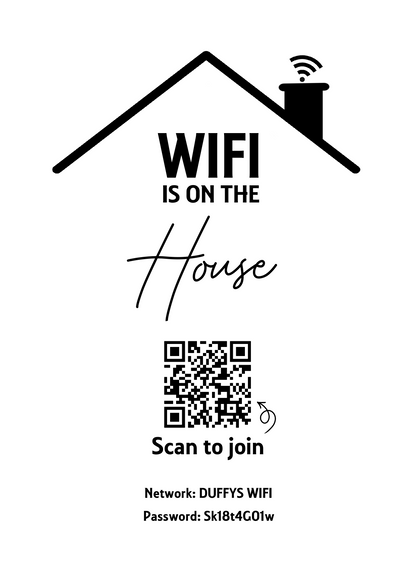 Personalised WiFi Print showcasing a custom QR code and WiFi details, offering a stylish and convenient way to connect to the network.