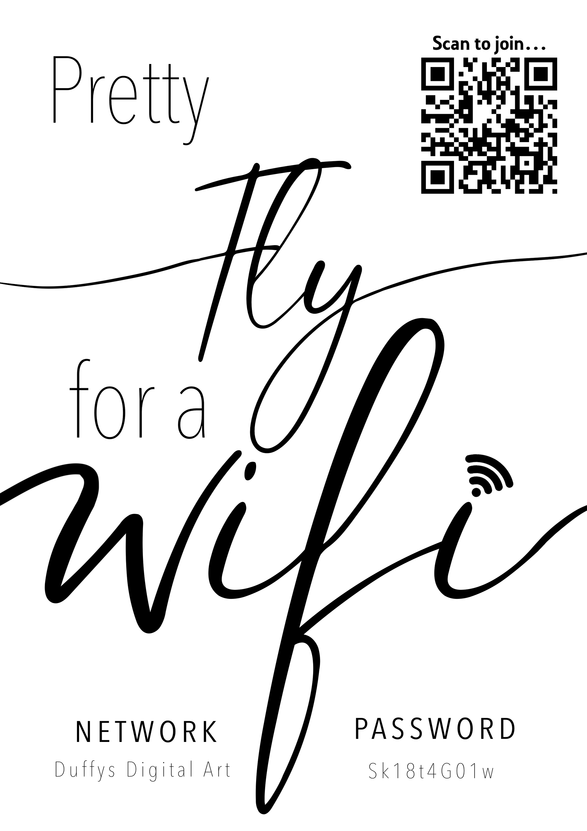 Personalised WiFi Print showcasing a custom QR code and WiFi details, offering a stylish and convenient way to connect to the network.