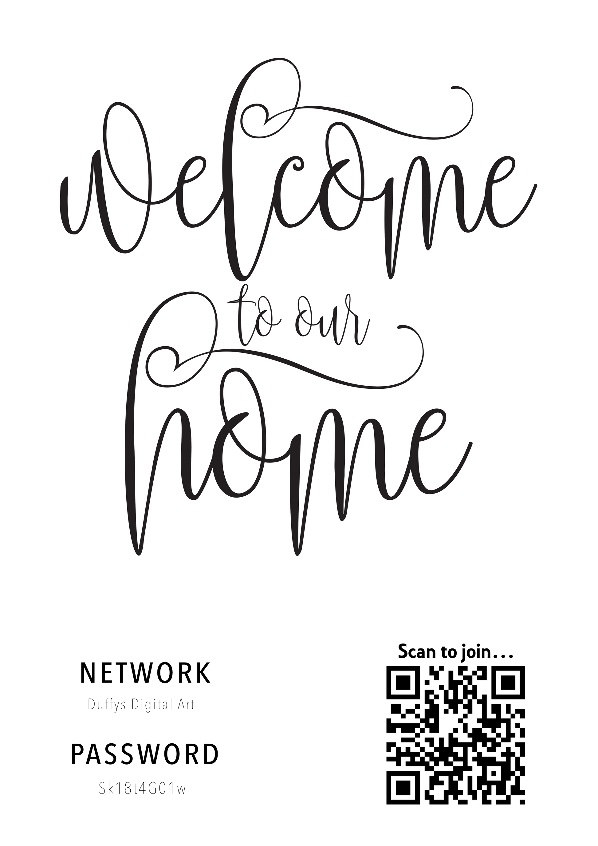 Personalised WiFi Print showcasing a custom QR code and WiFi details, offering a stylish and convenient way to connect to the network.