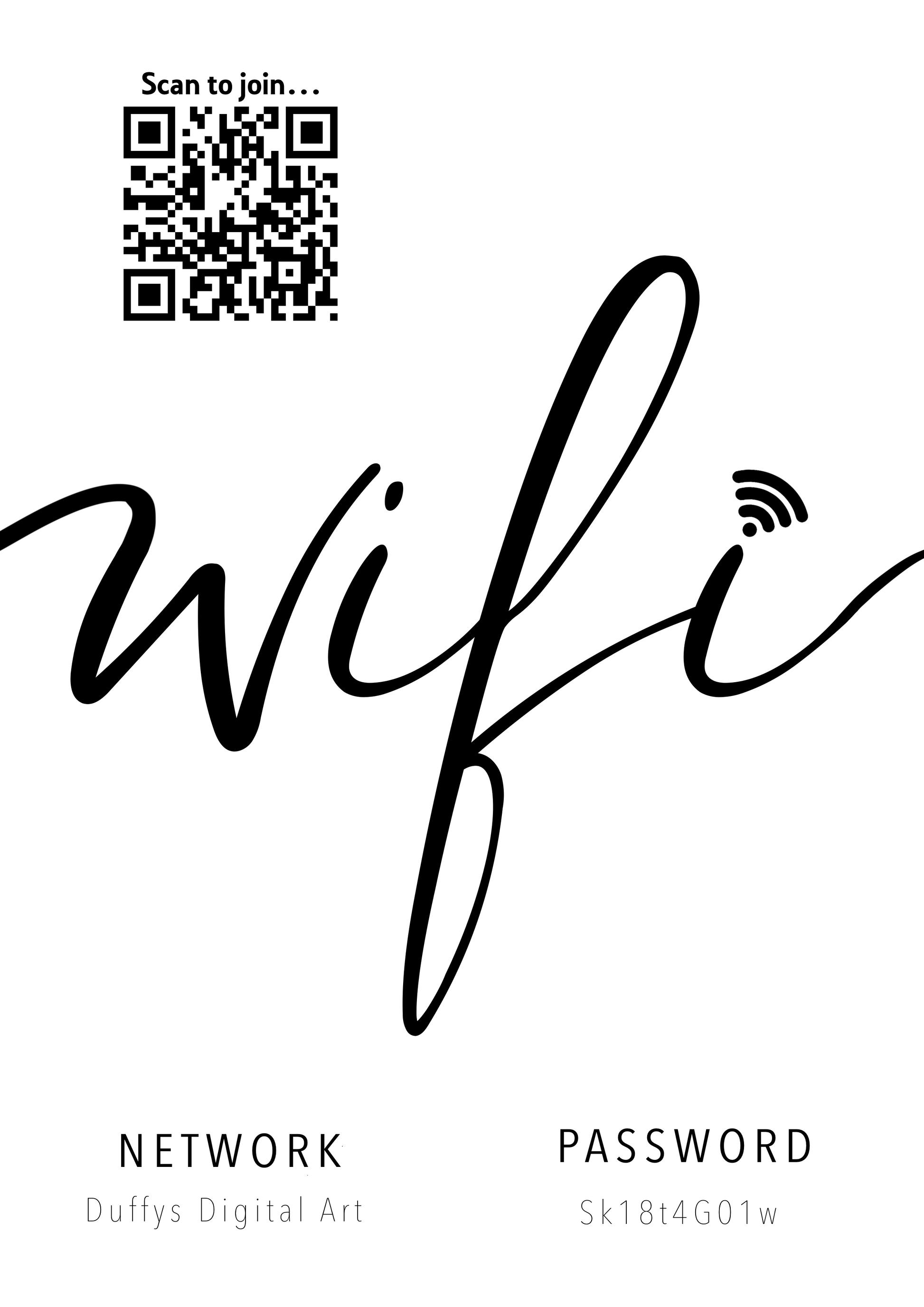 Personalised WiFi Print showcasing a custom QR code and WiFi details, offering a stylish and convenient way to connect to the network.