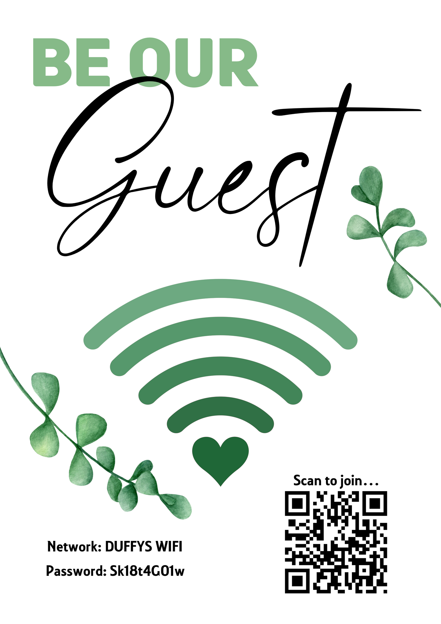 Personalised WiFi Print showcasing a custom QR code and WiFi details, offering a stylish and convenient way to connect to the network.