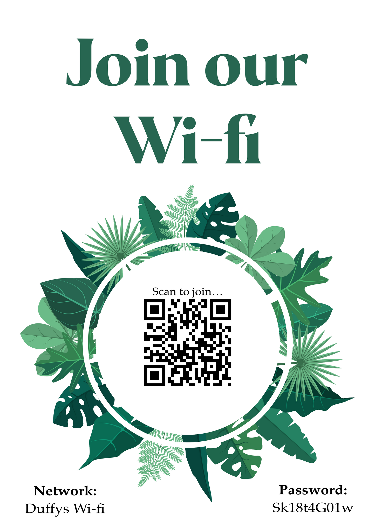 Personalised WiFi Print showcasing a custom QR code and WiFi details, offering a stylish and convenient way to connect to the network.