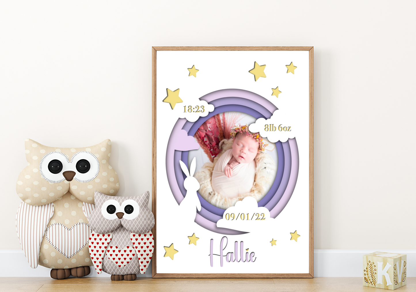  A heartwarming print featuring a custom photo of a newborn baby, surrounded by delicate pastel colors. The baby's name, date of birth, weight, and time of arrival are beautifully displayed beneath the photo. The print is elegantly framed and ready to be cherished as a special keepsake.