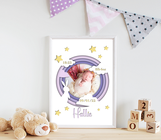  A heartwarming print featuring a custom photo of a newborn baby, surrounded by delicate pastel colors. The baby's name, date of birth, weight, and time of arrival are beautifully displayed beneath the photo. The print is elegantly framed and ready to be cherished as a special keepsake.