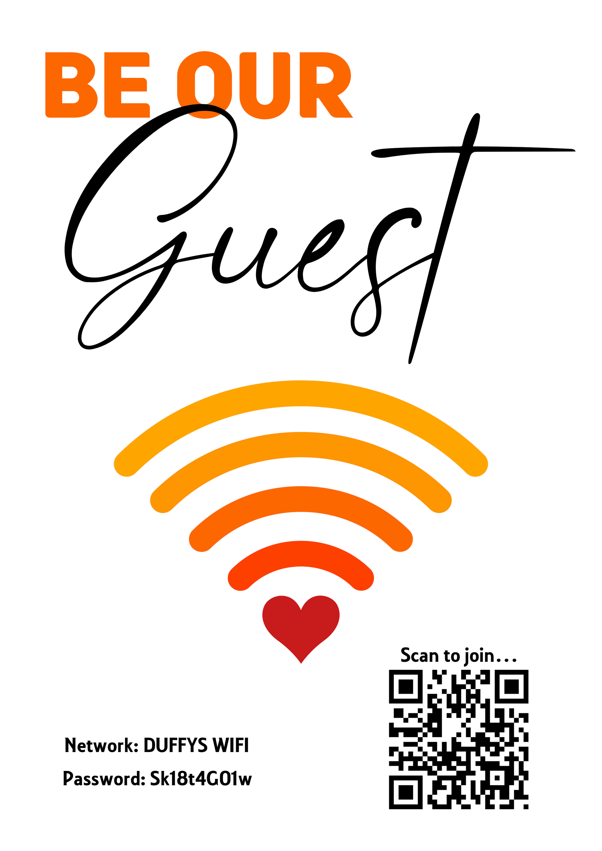 Personalised WiFi Print showcasing a custom QR code and WiFi details, offering a stylish and convenient way to connect to the network.