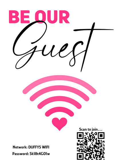 Personalised WiFi Print showcasing a custom QR code and WiFi details, offering a stylish and convenient way to connect to the network.