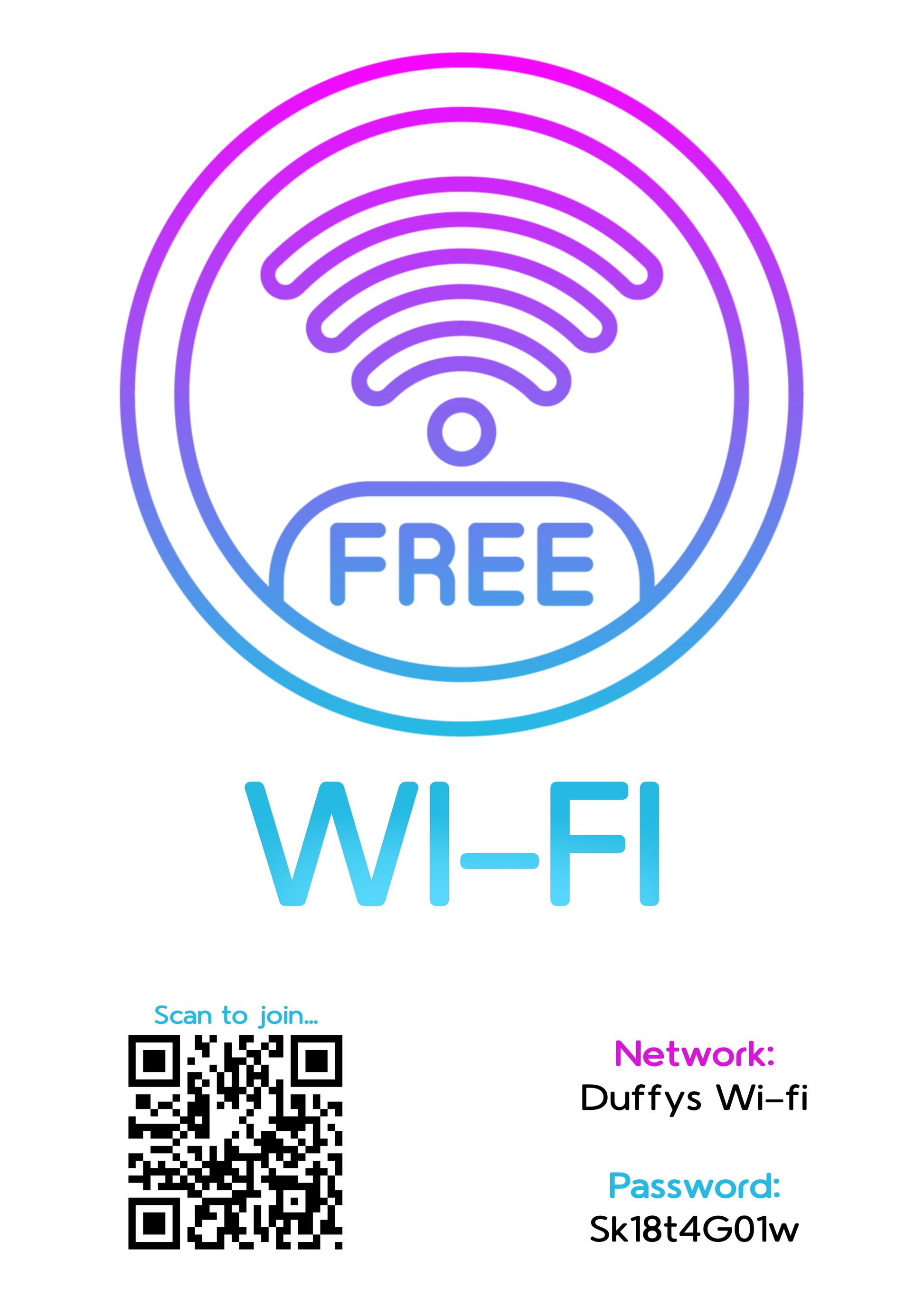 Personalised WiFi Print showcasing a custom QR code and WiFi details, offering a stylish and convenient way to connect to the network.