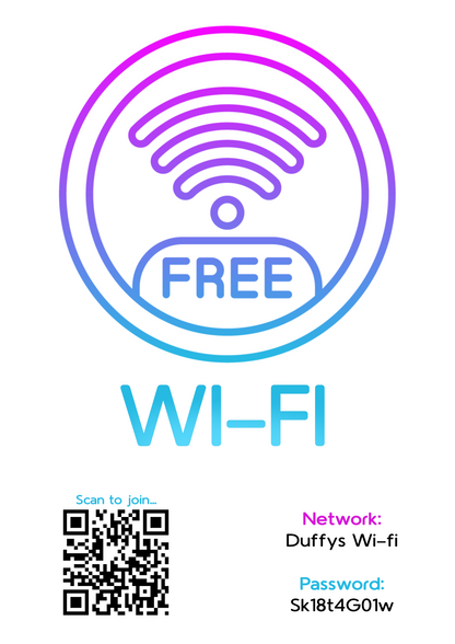 Personalised WiFi Print showcasing a custom QR code and WiFi details, offering a stylish and convenient way to connect to the network.