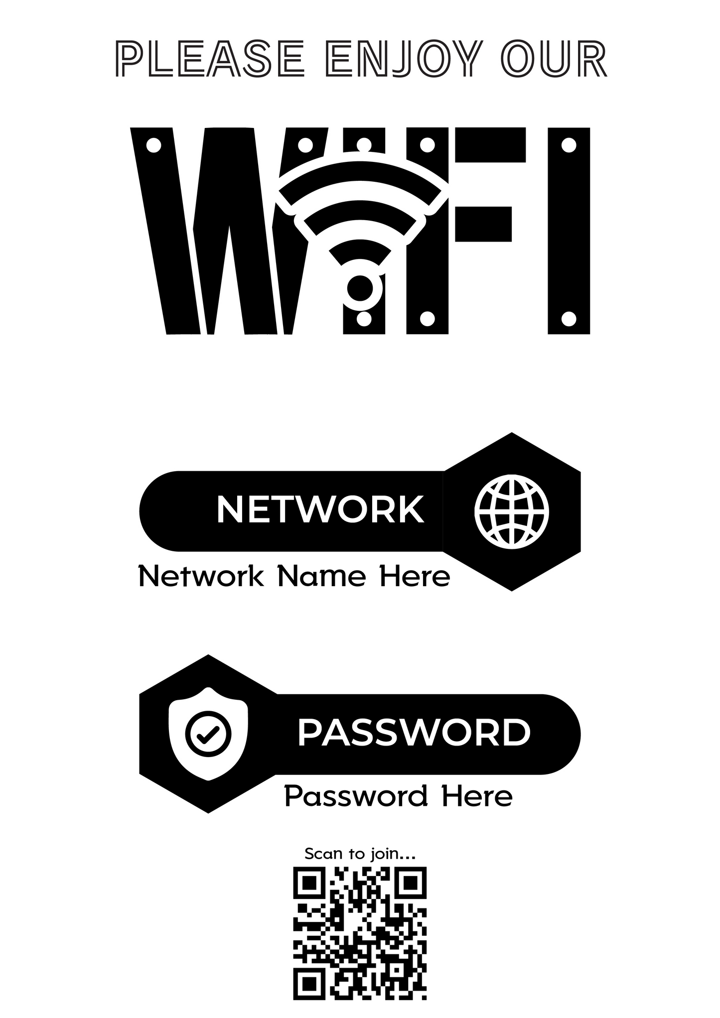 Personalised WiFi Print showcasing a custom QR code and WiFi details, offering a stylish and convenient way to connect to the network.