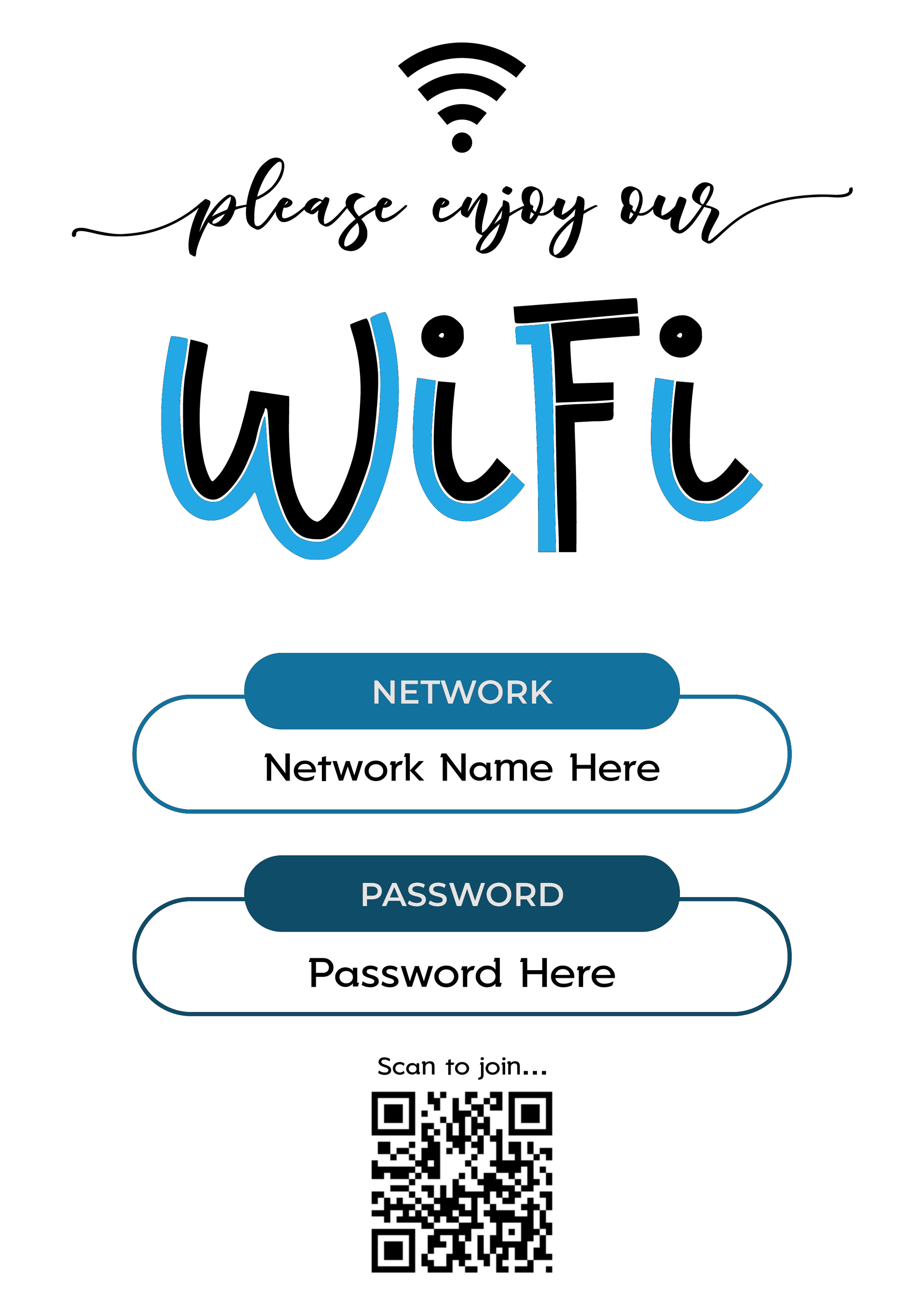 Personalised WiFi Print showcasing a custom QR code and WiFi details, offering a stylish and convenient way to connect to the network.