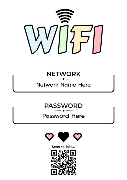 Personalised WiFi Print showcasing a custom QR code and WiFi details, offering a stylish and convenient way to connect to the network.