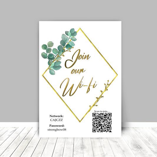 Personalised WiFi Print showcasing a custom QR code and WiFi details, offering a stylish and convenient way to connect to the network.