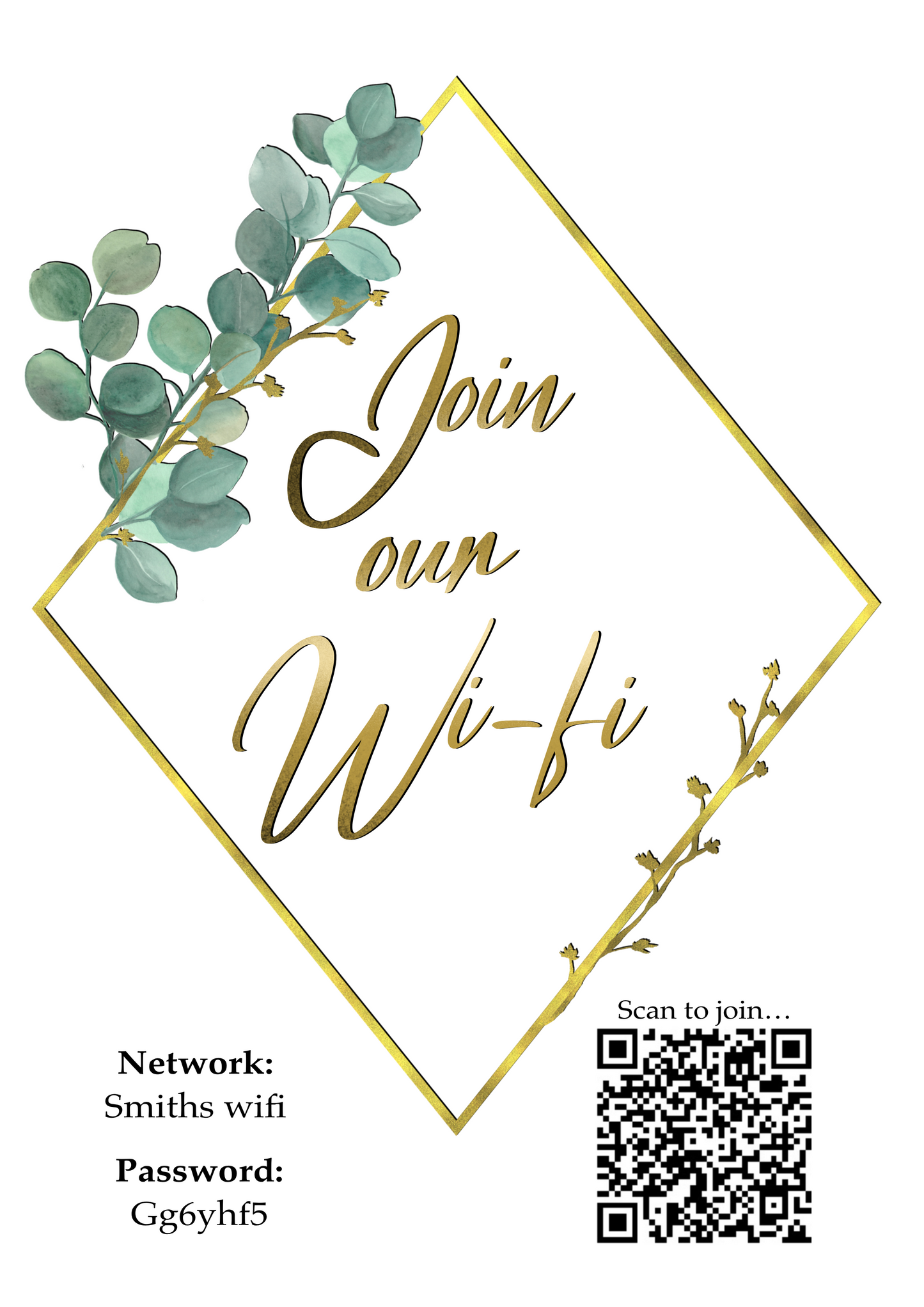 Personalised WiFi Print showcasing a custom QR code and WiFi details, offering a stylish and convenient way to connect to the network.