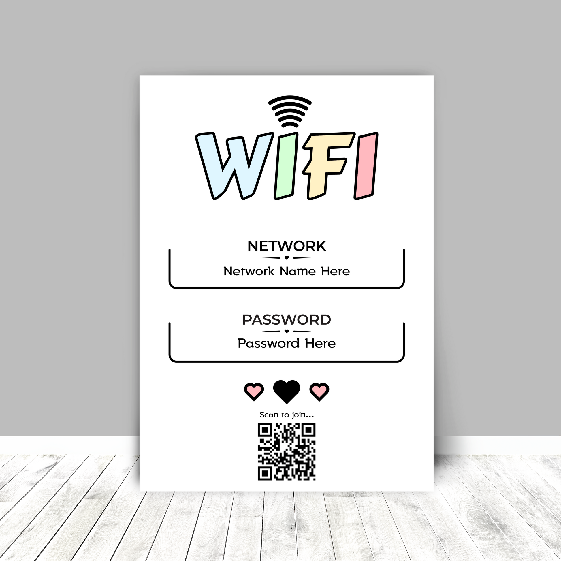 Personalised WiFi Print showcasing a custom QR code and WiFi details, offering a stylish and convenient way to connect to the network.