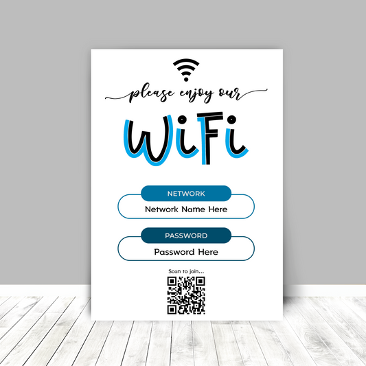 Personalised WiFi Print showcasing a custom QR code and WiFi details, offering a stylish and convenient way to connect to the network.