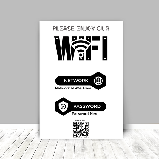 Personalised WiFi Print showcasing a custom QR code and WiFi details, offering a stylish and convenient way to connect to the network.