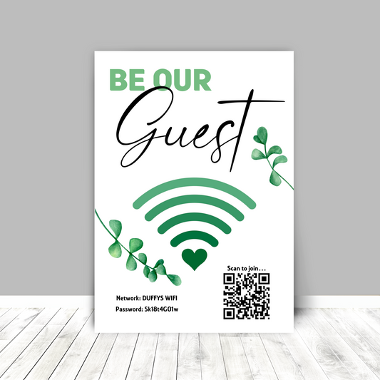 Personalised WiFi Print showcasing a custom QR code and WiFi details, offering a stylish and convenient way to connect to the network.