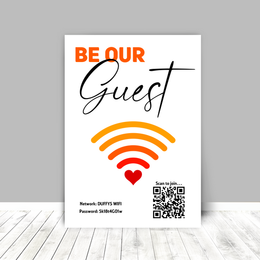 Personalised WiFi Print showcasing a custom QR code and WiFi details, offering a stylish and convenient way to connect to the network.