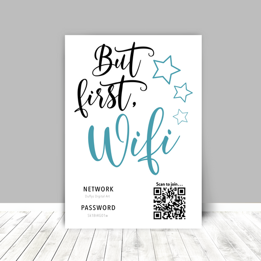 Personalised WiFi Print showcasing a custom QR code and WiFi details, offering a stylish and convenient way to connect to the network.