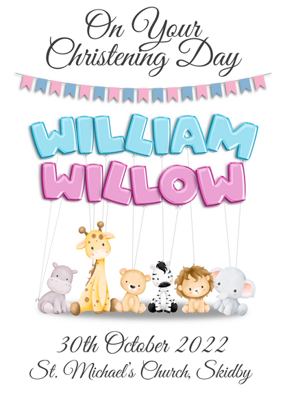 An enchanting personalised christening baby print showcasing vibrant balloons. The balloons spell out the child's name, creating a delightful and whimsical ambiance. The date and location of the christening are elegantly presented, adding a sentimental touch to the artwork. This captivating print captures the cherished moment of the child's christening, celebrating their arrival into the world with love and joy.