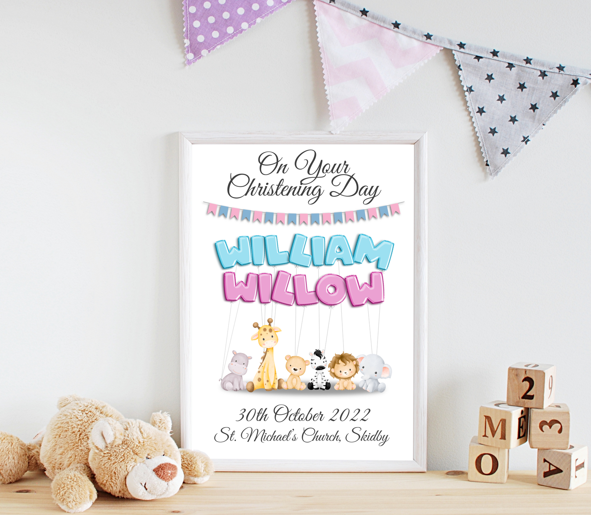 An enchanting personalised christening baby print showcasing vibrant balloons. The balloons spell out the child's name, creating a delightful and whimsical ambiance. The date and location of the christening are elegantly presented, adding a sentimental touch to the artwork. This captivating print captures the cherished moment of the child's christening, celebrating their arrival into the world with love and joy.