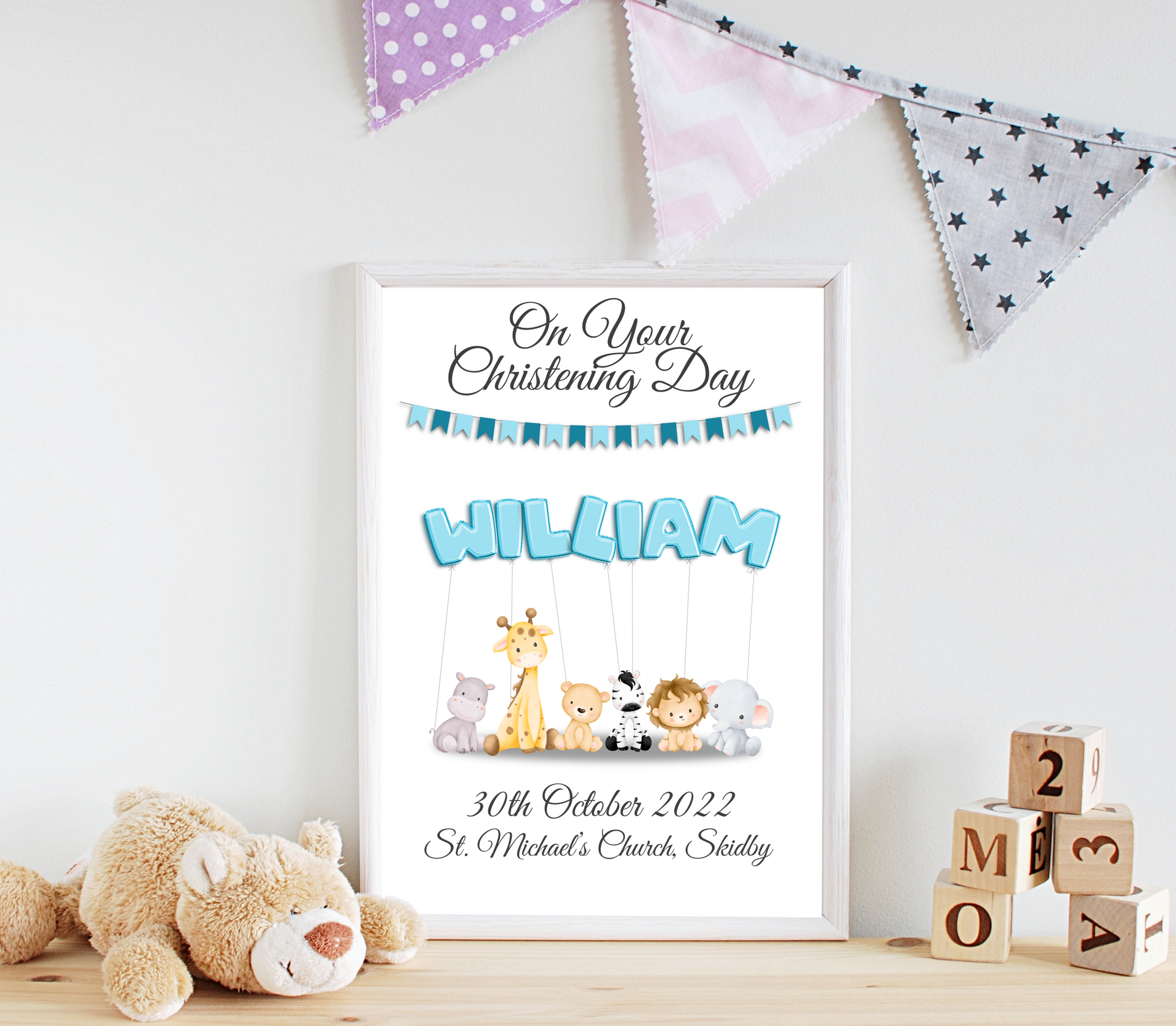 An enchanting personalised christening baby print showcasing vibrant balloons. The balloons spell out the child's name, creating a delightful and whimsical ambiance. The date and location of the christening are elegantly presented, adding a sentimental touch to the artwork. This captivating print captures the cherished moment of the child's christening, celebrating their arrival into the world with love and joy.
