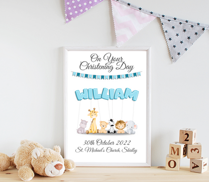 An enchanting personalised christening baby print showcasing vibrant balloons. The balloons spell out the child's name, creating a delightful and whimsical ambiance. The date and location of the christening are elegantly presented, adding a sentimental touch to the artwork. This captivating print captures the cherished moment of the child's christening, celebrating their arrival into the world with love and joy.