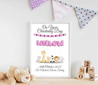 An enchanting personalised christening baby print showcasing vibrant balloons. The balloons spell out the child's name, creating a delightful and whimsical ambiance. The date and location of the christening are elegantly presented, adding a sentimental touch to the artwork. This captivating print captures the cherished moment of the child's christening, celebrating their arrival into the world with love and joy.
