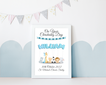 An enchanting personalised christening baby print showcasing vibrant balloons. The balloons spell out the child's name, creating a delightful and whimsical ambiance. The date and location of the christening are elegantly presented, adding a sentimental touch to the artwork. This captivating print captures the cherished moment of the child's christening, celebrating their arrival into the world with love and joy.