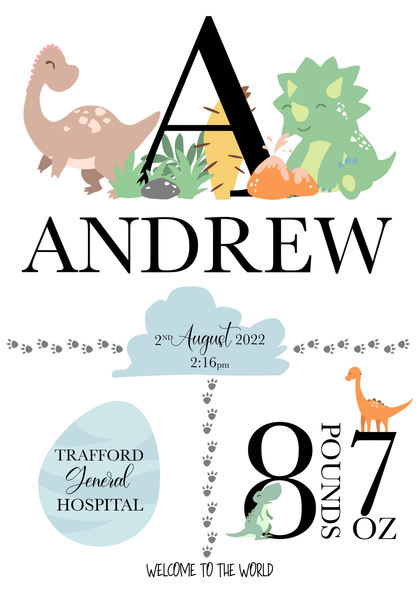 A delightful personalised newborn print celebrating the arrival of a precious bundle of joy. The print features a charming design. In the centre, the baby's name, takes pride of place in elegant typography. Surrounding the name are details of the birth, including the weight at birth, the time of birth , and the special location of birth. Adorned with whimsical illustrations, and baby essentials, this keepsake captures the enchanting moment of a new life entering the world.