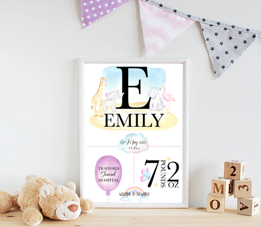 A delightful personalised newborn print celebrating the arrival of a precious bundle of joy. The print features a charming design. In the centre, the baby's name, takes pride of place in elegant typography. Surrounding the name are details of the birth, including the weight at birth, the time of birth , and the special location of birth. Adorned with whimsical illustrations, and baby essentials, this keepsake captures the enchanting moment of a new life entering the world.
