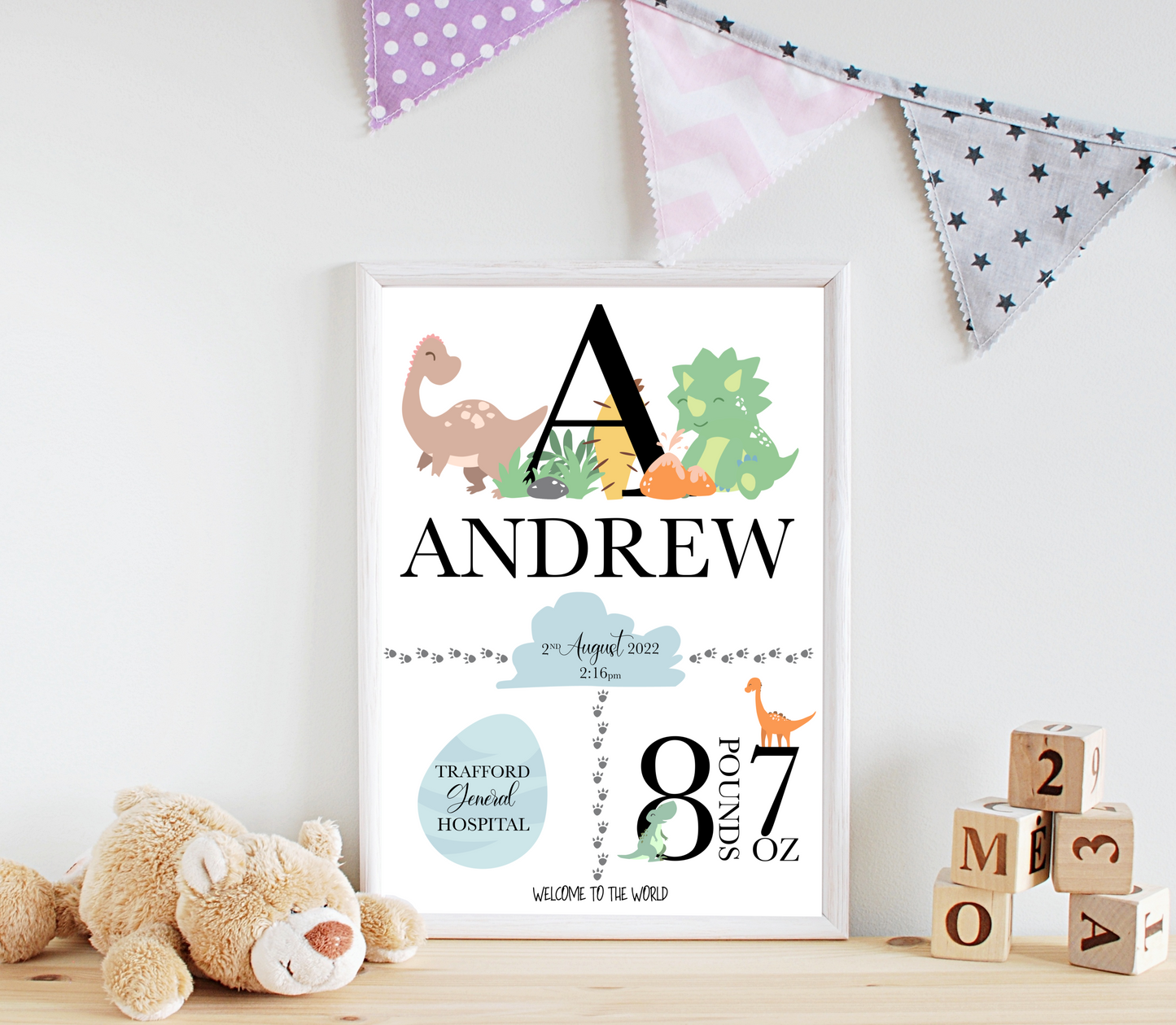 A delightful personalised newborn print celebrating the arrival of a precious bundle of joy. The print features a charming design. In the centre, the baby's name, takes pride of place in elegant typography. Surrounding the name are details of the birth, including the weight at birth, the time of birth , and the special location of birth. Adorned with whimsical illustrations, and baby essentials, this keepsake captures the enchanting moment of a new life entering the world.